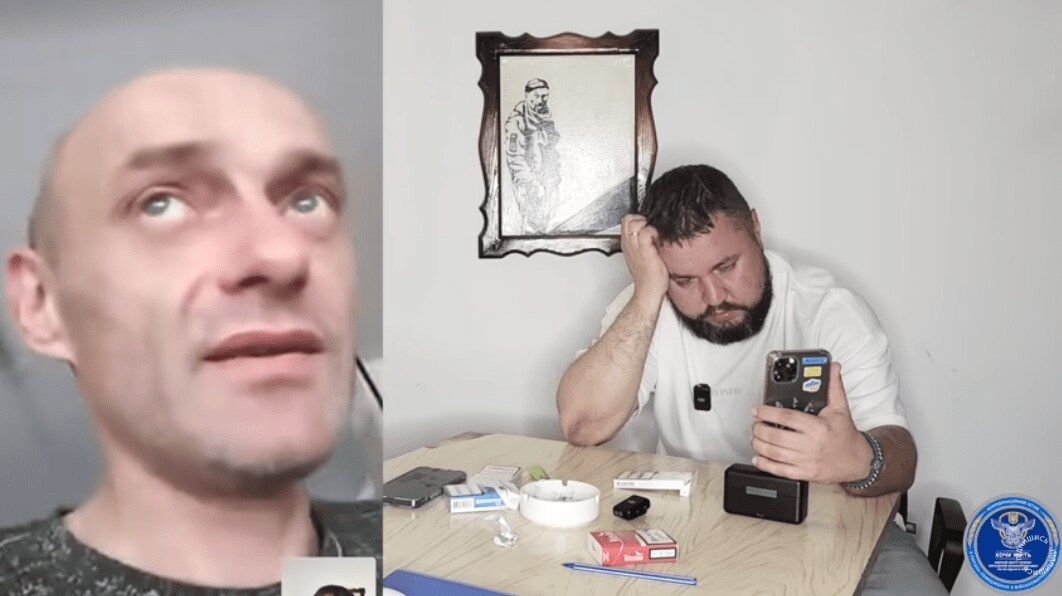 A still image from a video shows Pavel Guguyev, in close-up, being interviewed by a Ukrainian journalist. A still image from a video shows Pavel Guguyev, in close-up, being interviewed by a Ukrainian journalist.