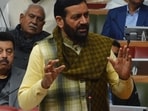 Haryana chief minister Nayab Singh Saini during the winter session of the assembly on Monday. (HT) Haryana chief minister Nayab Singh Saini during the winter session of the assembly on Monday. (HT)