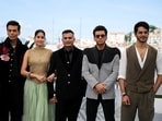 Director Neeraj Ghaywan and cast members Ishaan Khatter, Vishal Jethwa, Janhvi Kapoor and producer Karan Johar during the screening of Homebound at Cannes. 