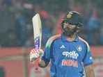 India's Rohit Sharma celebrates his fifty runs during the third One Day International match between India and South Africa.