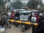 Vehicles stuck in a jam near railway crossing at Lalgopalganj in Prayagraj on Tuesday. (HT)