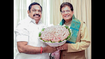 AIADMK general secretary Edappadi K Palaniswami with Union minister Piyush Goyal in Chennai on Tuesday. (ANI) AIADMK general secretary Edappadi K Palaniswami with Union minister Piyush Goyal in Chennai on Tuesday. (ANI)