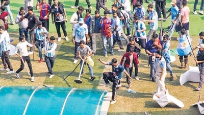 Angry fans vandalise the Salt Lake Stadium, alleging poor management during Argentine footballer Lionel Messi's G.O.A.T India Tour 2025 in Kolkata on Saturday. (File photo) Angry fans vandalise the Salt Lake Stadium, alleging poor management during Argentine footballer Lionel Messi's G.O.A.T India Tour 2025 in Kolkata on Saturday. (File photo)