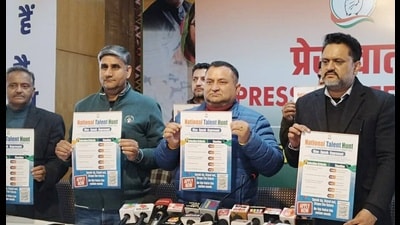 Congress state chief Vinay Kumar along with Congress legislators launch the National Talent Hunt during the press conference at state congress office, in Shimla on Tuesday. (HT Photo) Congress state chief Vinay Kumar along with Congress legislators launch the National Talent Hunt during the press conference at state congress office, in Shimla on Tuesday. (HT Photo)