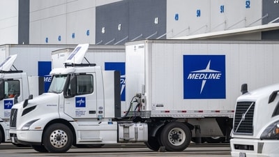 Medline delivery trucks in the loading dock area at the company's warehouse in Tracy, California, US. (Bloomberg) Medline delivery trucks in the loading dock area at the company's warehouse in Tracy, California, US. (Bloomberg)
