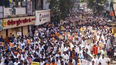 Maratha community members protest the murder of Beed sarpanch Santosh Deshmukh on 5 January, 2025. (PTI) Maratha community members protest the murder of Beed sarpanch Santosh Deshmukh on 5 January, 2025. (PTI)