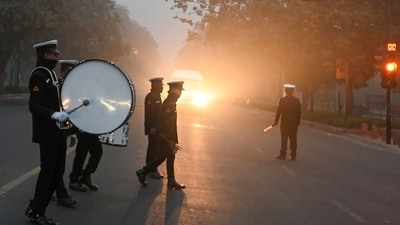 Gram it: It's time for drum roll as the rehearsals for Republic Day 2026 begin with full gusto in the Capital! Here's a glimpse of Indian Navy contingent marching on Kartavya Path, during the rehearsals, amid dense fog on a cold morning in Delhi. (Photo: Arvind Yadav/HT)