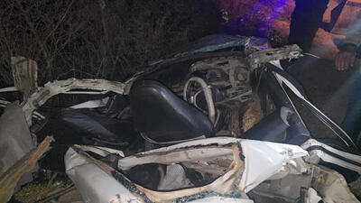 The mangled remains of the car in Jhajjar. (HT)
