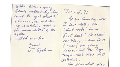 A card that makes a crude reference to U.S. President Donald Trump, purportedly written by convicted sex offender Jeffrey Epstein to Larry Nassar. (via REUTERS)