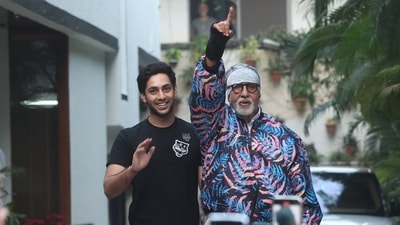 Amitabh Bachchan with grandson Agastya Nanda at his residence in Mumbai. Amitabh Bachchan with grandson Agastya Nanda at his residence in Mumbai.