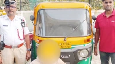 The three-wheeler is currently impounded at the KR Puram traffic police station. (x@blrcitytraffic) The three-wheeler is currently impounded at the KR Puram traffic police station. (x@blrcitytraffic)