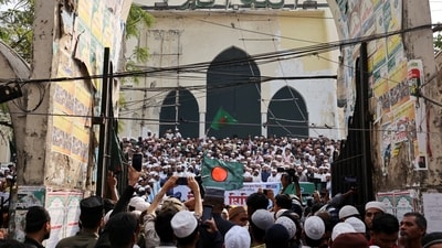 Members of multiple organisations, including Khelafat Majlis, join a protest rally at the Baitul Mukarram National Mosque after Friday prayer, demanding justice for the death of Sharif Osman Hadi (Reuters)
