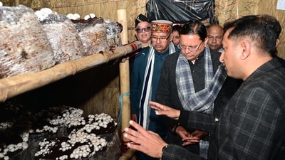 Uttarakhand Chief Minister Pushkar Singh Dhami at the inauguration of the ‘Mushroom Village’ project in Buggawala, Haridwar district, on Saturday. Uttarakhand Chief Minister Pushkar Singh Dhami at the inauguration of the ‘Mushroom Village’ project in Buggawala, Haridwar district, on Saturday.