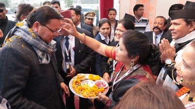Chief Minister Pushkar Singh Dhami at the Uttarakhand Mahakauthig venue in Noida, where artists and community groups presented folk music, dance and traditional crafts during the event. Chief Minister Pushkar Singh Dhami at the Uttarakhand Mahakauthig venue in Noida, where artists and community groups presented folk music, dance and traditional crafts during the event.
