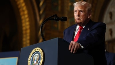 US President Donald Trump takes questions as he announces the creation of the Trump-class battleship during a statement to the media (AP) US President Donald Trump takes questions as he announces the creation of the Trump-class battleship during a statement to the media (AP)