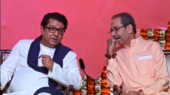 Raj Thackeray, Chief of the Maharashtra Navnirman Sena (MNS), and Uddhav Thackeray, Chief of Shiv Sena (UBT), reunited after 20 years at a public rally at NSCI Dome, Worli in Mumbai. (HT Photo)