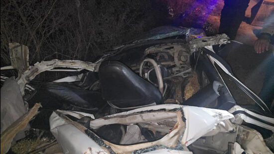 The mangled remains of the car in Jhajjar. (HT)