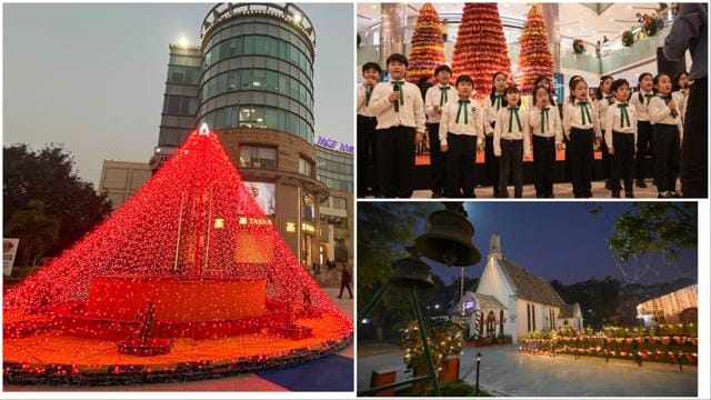 Clockwise from above: A decorated Christmas tree at MGF Metropolitan Mall; Children perform carols at Ambience Mall; The Church of the Epiphany is adorned on Monday ahead of the holiday. (Parveen Kumar/HT) Clockwise from above: A decorated Christmas tree at MGF Metropolitan Mall; Children perform carols at Ambience Mall; The Church of the Epiphany is adorned on Monday ahead of the holiday. (Parveen Kumar/HT)