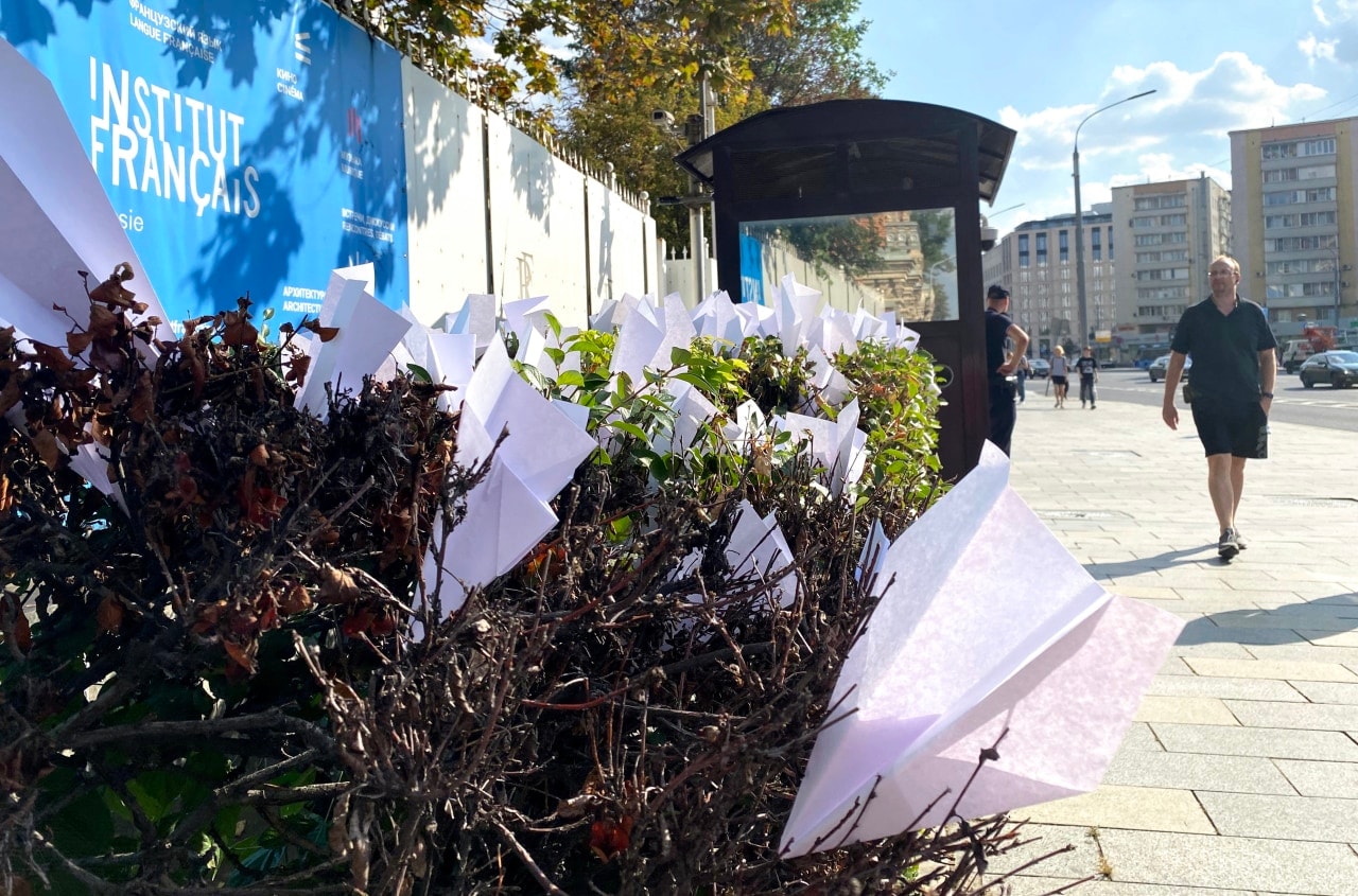 Paper planes, referencing Telegram’s logo, dotted the bushes outside France’s embassy in Moscow in support of Durov in August 2024.