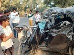 Car was crushed despite airbags and seat belts. Chassis had to be cut open to rescue victims, while two survivors were referred to Delhi. (HT Photo)