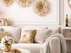 Soft neutrals meet gold decorations, from wall art to a gold photo frame, creating light-catching details that refresh rooms.(AI generated)