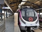 New Delhi, India - Oct. 17, 2017: Magenta line Metro train at Jasola Vihar station in New Delhi, India, on Tuesday, October 17, 2017. (Photo by Mohd Zakir/ Hindustan Times) (Mohd Zakir/HT PHOTO)