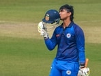Vaibhav Suryavanshi celebrates his century during a Vijay Hazare Trophy 2025 match. Vaibhav Suryavanshi celebrates his century during a Vijay Hazare Trophy 2025 match.