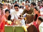 Shiv Sena (UBT) chief Uddhav Thackeray, second from right, with Maharashtra Navnirman Sena (MNS) President Raj Thackeray, third from right, and others pays tribute to Shiv Sena founder Bal Thackeray before the announcement of the alliance 