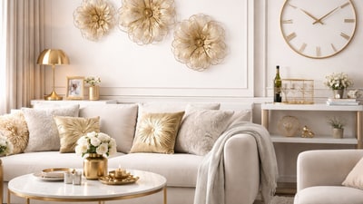 Soft neutrals meet gold decorations, from wall art to a gold photo frame, creating light-catching details that refresh rooms. (AI generated) Soft neutrals meet gold decorations, from wall art to a gold photo frame, creating light-catching details that refresh rooms. (AI generated)