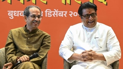 Uddhav Thackeray (L), President of Shiv Sena (UBT), and his cousin Raj Thackeray, Chief of Maharashtra Navnirman Sena (MNS), at a joint presser announcing a formal alliance in Mumbai. (AFP) Uddhav Thackeray (L), President of Shiv Sena (UBT), and his cousin Raj Thackeray, Chief of Maharashtra Navnirman Sena (MNS), at a joint presser announcing a formal alliance in Mumbai. (AFP)