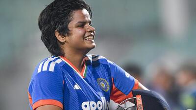 India's Shafali Verma celebrates after guiding the home team to a 7-wicket win over Sri Lanka in Visakhapatnam on Tuesday. (PTI) India's Shafali Verma celebrates after guiding the home team to a 7-wicket win over Sri Lanka in Visakhapatnam on Tuesday. (PTI)