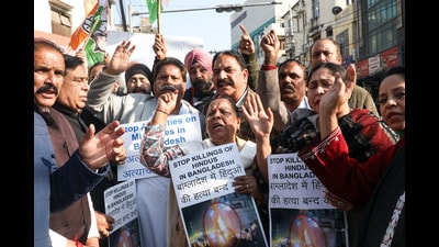 Jammu and Kashmir Congress committee members protesting against the killing of Hindus in Bangladesh, in Jammu on Wednesday. (ANI)