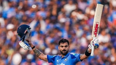 Virat Kohli celebrates his century during the second ODI match against South Africa. (PTI) Virat Kohli celebrates his century during the second ODI match against South Africa. (PTI)