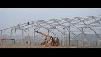 Preparations underway for the Magh Mela tent city on the Sangam banks (HT) Preparations underway for the Magh Mela tent city on the Sangam banks (HT)