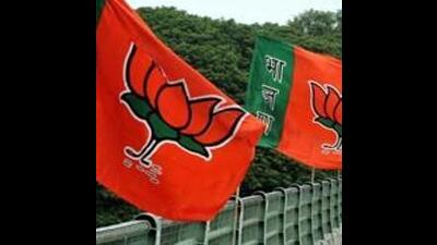 Pune, India - June 18, 2016: BJP party flag and hoardings were installed for BJP state-level executive meeting in Pune, India, on Saturday, June 18, 2016. (HT Photos) (REPRESENTATIVE PHOTO)