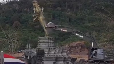 The Vishnu statue, built in 2014, was toppled by a bulldozer by Thai military engineers. (X)