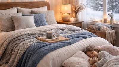 Layered bedding and soft blankets create winter comfort, inviting long mornings, evenings, and moments of rest for adults and kids. (AI generated) Layered bedding and soft blankets create winter comfort, inviting long mornings, evenings, and moments of rest for adults and kids. (AI generated)