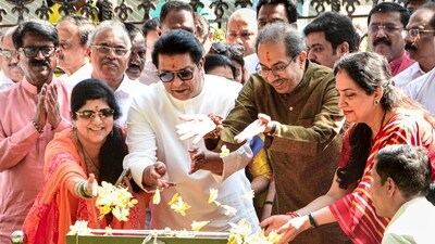 Shiv Sena (UBT) chief Uddhav Thackeray, second from right, with Maharashtra Navnirman Sena (MNS) President Raj Thackeray, third from right, and others pays tribute to Shiv Sena founder Bal Thackeray before the announcement of the alliance (PTI) Shiv Sena (UBT) chief Uddhav Thackeray, second from right, with Maharashtra Navnirman Sena (MNS) President Raj Thackeray, third from right, and others pays tribute to Shiv Sena founder Bal Thackeray before the announcement of the alliance (PTI)