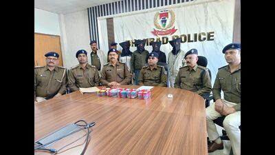 The four accused cyber criminals in police custody on Wednesday (HT PHOTO) The four accused cyber criminals in police custody on Wednesday (HT PHOTO)