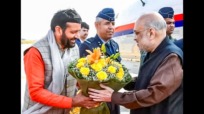 Union Home Minister Amit Shah being welcomed by Haryana Chief Minister Nayab Singh Saini on his arrival in Haryana. (PTI)
