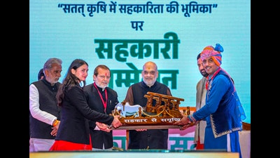 Union Minister for Home Affairs and Cooperation Amit Shah during the inauguration of a cooperative conference on the 'Prosperity through Cooperation - Role of Cooperatives in Sustainable Agriculture', in Panchkula, Haryana. (PTI)