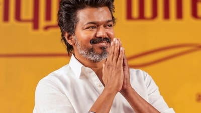TVK leader Vijay at a gathering during a public meeting held in Kanchipuram recently. (PTI ) TVK leader Vijay at a gathering during a public meeting held in Kanchipuram recently. (PTI )