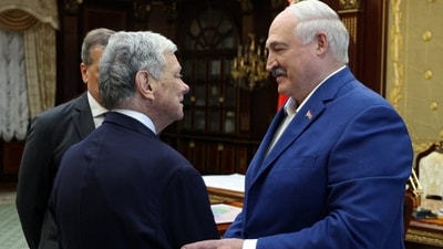 Trump lawyer John Coale meets with Alexander Lukashenko in Minsk, in this Belarusian government handout. . Trump lawyer John Coale meets with Alexander Lukashenko in Minsk, in this Belarusian government handout. .