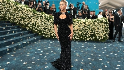 Sydney Sweeney poses during the Met Gala, an annual fundraising gala held for the benefit of the Metropolitan Museum of Art's Costume Institute with this year's theme 'Superfine: Tailoring Black Style,' in New York City, New York (REUTERS)