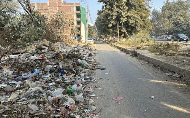 Illegally dumped garbage along the main road of Sector 28 near Golf Course Road. (Parveen Kumar/HT) Illegally dumped garbage along the main road of Sector 28 near Golf Course Road. (Parveen Kumar/HT)