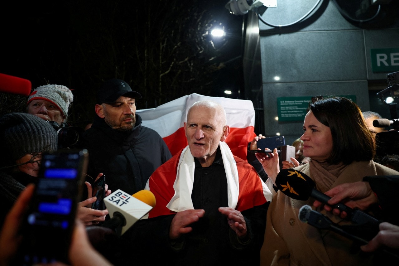  Nobel laureate Ales Bialiatski, standing next to Belarusian opposition leader Sviatlana Tsikhanouskaya, speaks after his release outside the U.S. Embassy in Vilnius, Lithuania, this month. Nobel laureate Ales Bialiatski, standing next to Belarusian opposition leader Sviatlana Tsikhanouskaya, speaks after his release outside the U.S. Embassy in Vilnius, Lithuania, this month.
