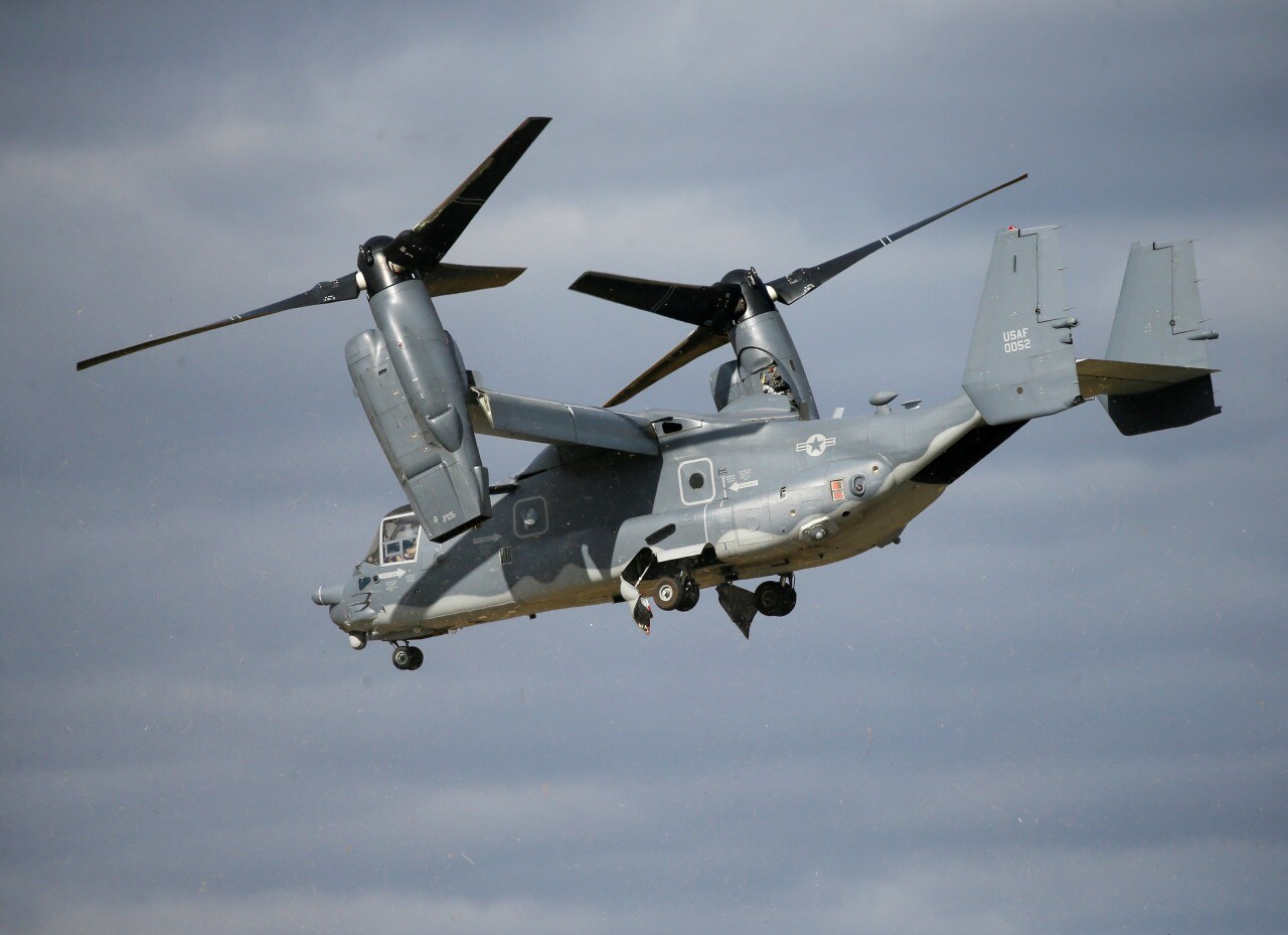 A CV-22 tilt-rotor aircraft operates during a 2020 training exercise. A CV-22 tilt-rotor aircraft operates during a 2020 training exercise.