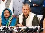 (From left) Ward No. 16 councillor Poonam, Chandigarh BJP president Jatinder Pal Malhotra and Ward No. 4 councillor Suman Sharma during a press conference on Wednesday. (Sanjeev Sharma/HT) (From left) Ward No. 16 councillor Poonam, Chandigarh BJP president Jatinder Pal Malhotra and Ward No. 4 councillor Suman Sharma during a press conference on Wednesday. (Sanjeev Sharma/HT)