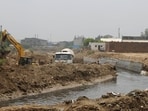 A flooded stretch near Narsinghpur village due to “the current improper drainage system,” locals said. (HT Archive)