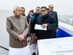 Bihar chief minister Nitish Kumar inspects the under-construction campus of the Bihar University of Health Sciences, Mithapur, in Patna on Wednesday. (ANI)